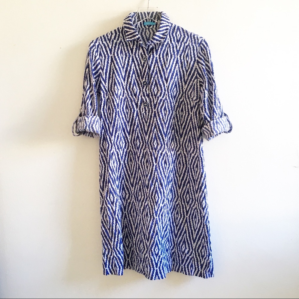 J. McLaughlin Shirt Dress XS Blue Print Roll Tab Sleeves Pockets